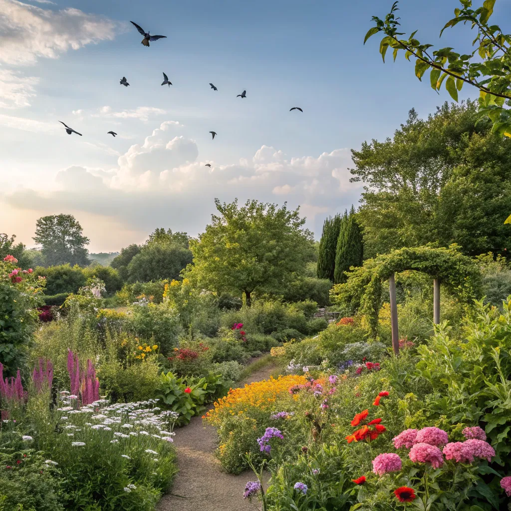 Emma's garden with vibrant plant life and wildlife attractions