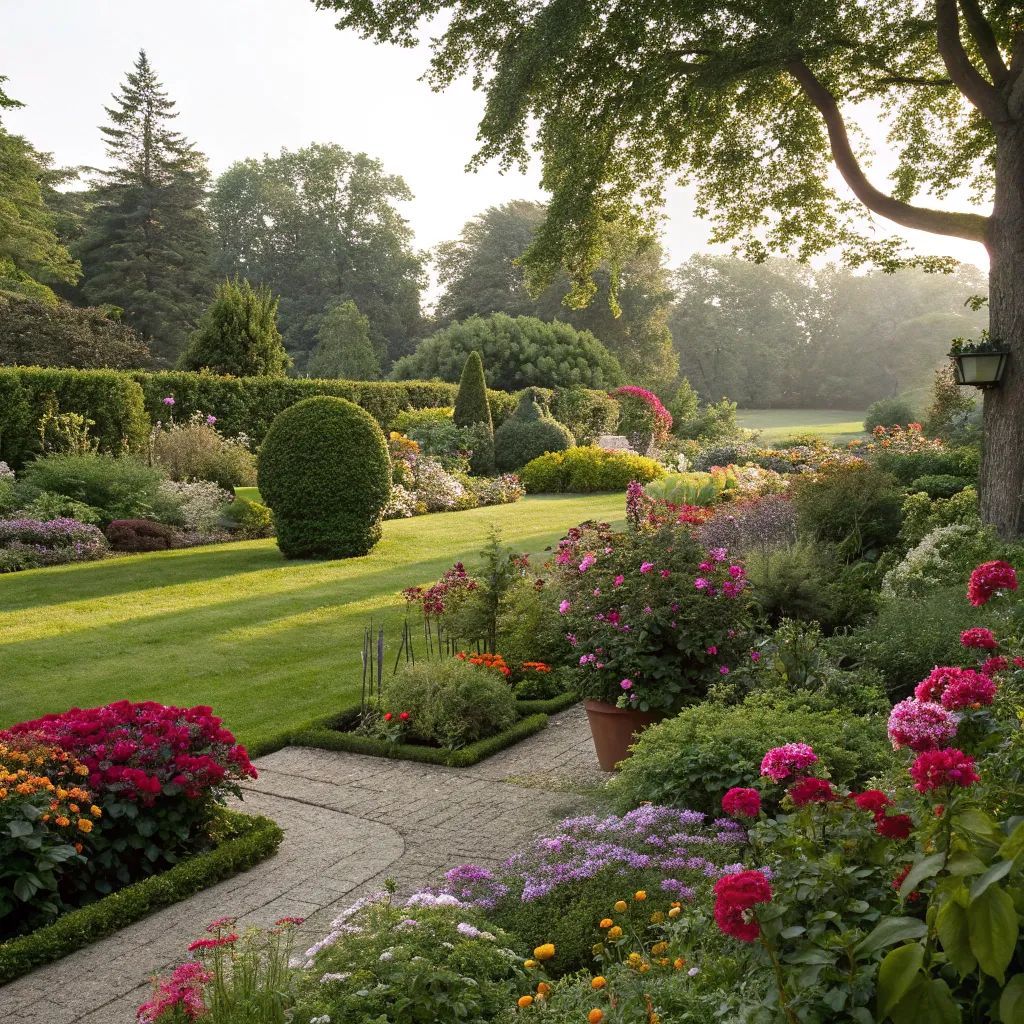 A beautiful garden design with vibrant flowers and lush greenery